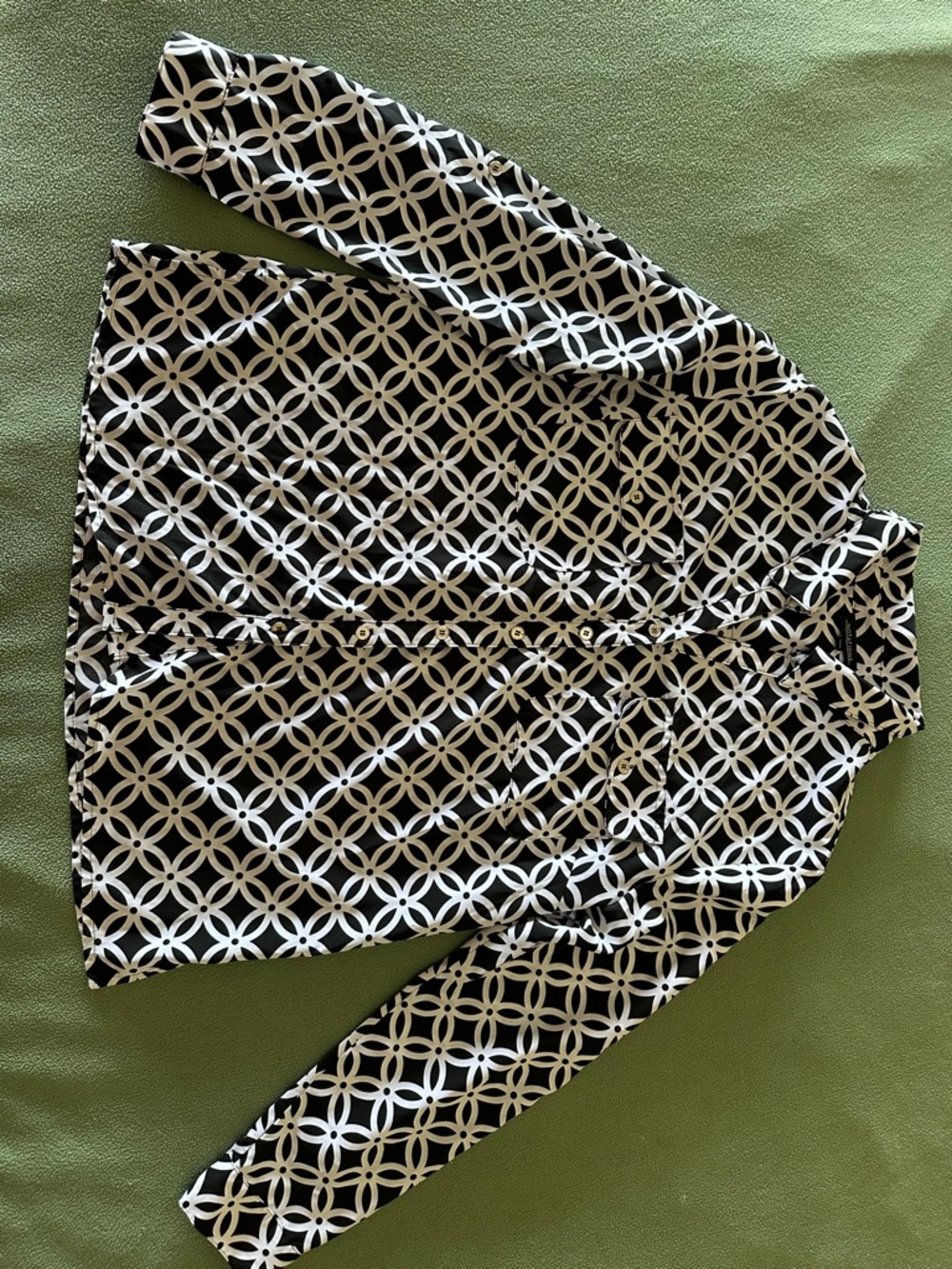 Notations Black and White Geometric Floral Long-Sleeve Blouse - Size L